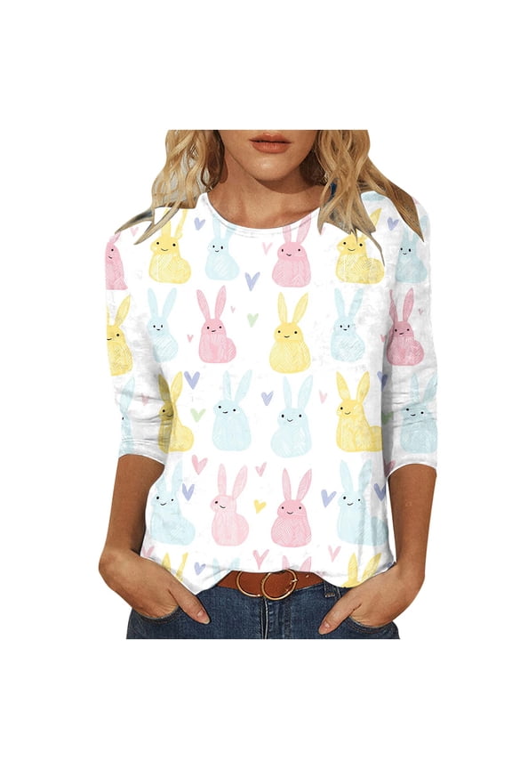 Womens Easter Day Tops Casual Festive Easter Day Print Top 3/4 Sleeve Round Neck Blouse Holiday Season Shirt Tees Spring Clothes My Items
