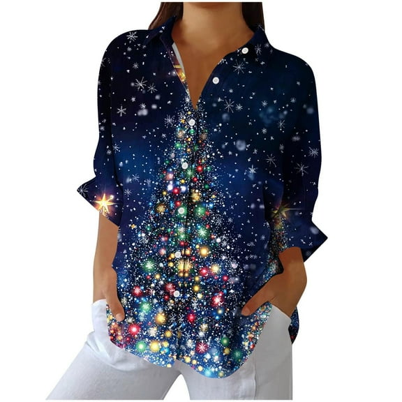 Womens Christmas Tops Casual Festive Christmas Tree Print Button Down Blouse Long Sleeve Shirt for Holiday Gatherings and Events My Items