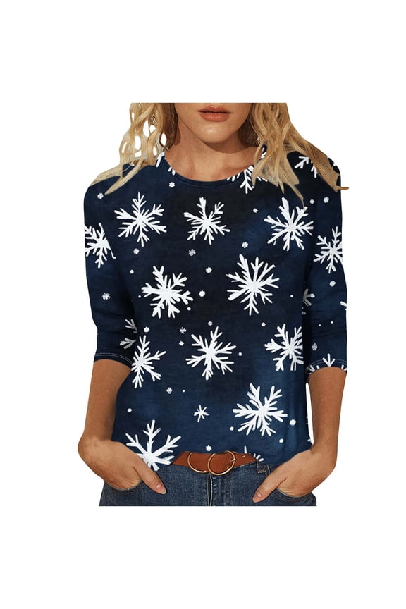 Festival Saving Womens Christmas Tops Casual Holiday Snowflake Print Tees 3/4 Sleeve Round Neck Fall Tops Tshirts Blouse Fall Clothes My Items