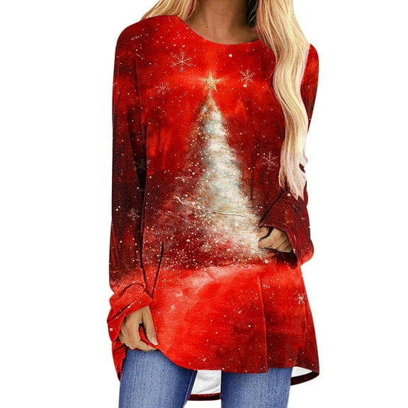 Womens Christmas Tops Casual Long Sleeve Blouse Christmas Tree Print Shirt Crew Neck Holiday Party Top Tunic Fall Clothes My Items