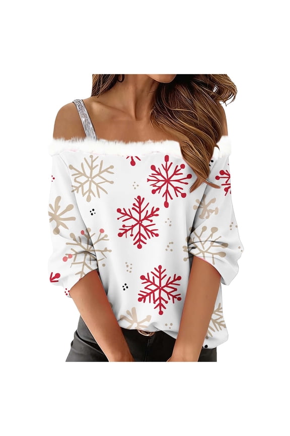 Womens Christmas Tops Casual Winter Snowflake Print Blouse 3/4 Sleeve Cold Shoulder Shirt Top for Women Christmas Shirts My Items