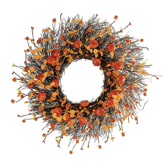 Festival Simulation Flower Wreath For Thanksgiving And Harvest Decor, 50Cm Handmade Wreath With Pumpkin Branches And Stamens, Indoor Outdoor Hanging Decoration For Home Fireplace