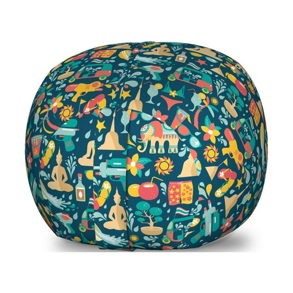 Festival Storage Toy Bag Chair, Thai Songkran Carnival Theme Underwater Items Tuk Tuk Floral Print, Stuffed Animal Organizer Washable Bag, Large Size, Dark Sky Blue Multicolor, by Ambesonne