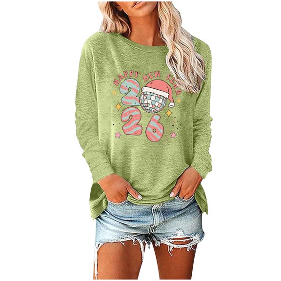 Festival Tees For Women Crew Neck 2026 Happy-New-Year Print Pullover Tops Casual Loose Stylish Holiday Blouse (XL, Green-A)