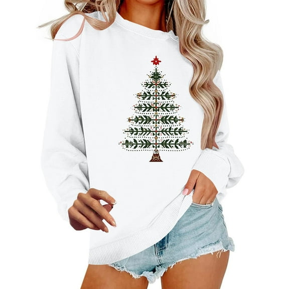Festival Tees Women Christmas Pullover Christmas Tree Tops Bow Shirts Stylish Printed Outfits Casual Loose Sweatshirt Tinsel Garments Shining Top Clothing
