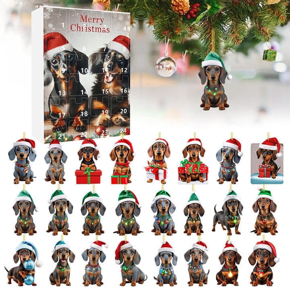 Festival Vacation Advent Calendar 24 Day Christmas Countdown Calendar Dachshund Pendant With Santa Hats 2D Xmas Tree Chicken Ornaments For Christmas Party