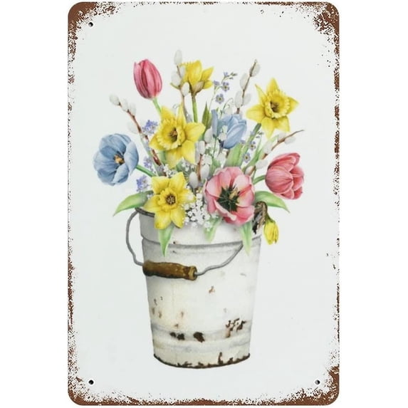 Daffodil Floral Bouquet Farmhouse Metal Tin Sign Spring Flowers Wall Decor Funny Decoration for Home Kitchen Bar Garage Vintage Retro Poster Plaque Tin Signs 8X12 Inches