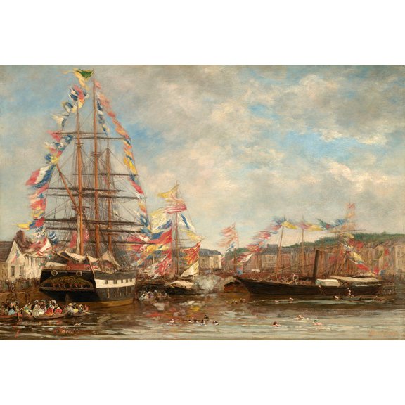 Festival in the Harbor of Honfleur by Eugene Boudin - 12" x 18" Art Print Wall Decor