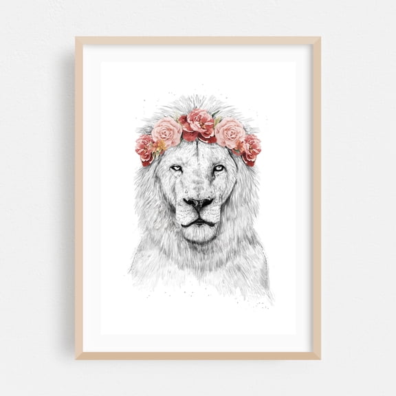 Festival lion - Illustration Floral Animal Wildlife Watercolor Sketch Portrait Oak Framed Wall Art Print 12 x 16 inches