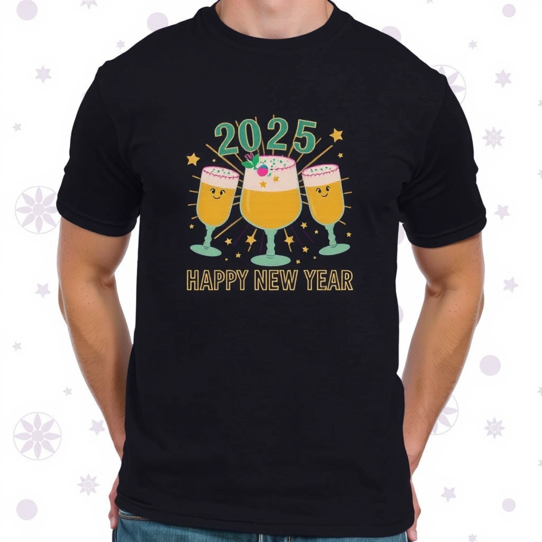 Festive 2025 New Year Black TShirt with Cartoon Champagne Flutes