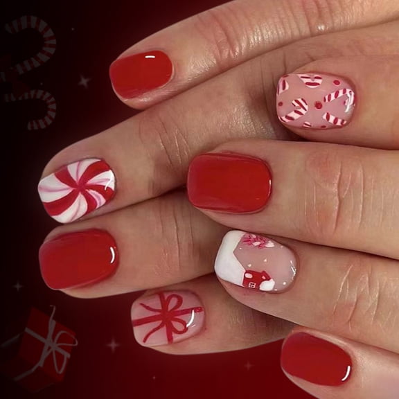 Festive 24PCS Candy Cane Snow Art Winter ABS Fake Nails Quick Wear For Christmas-Events