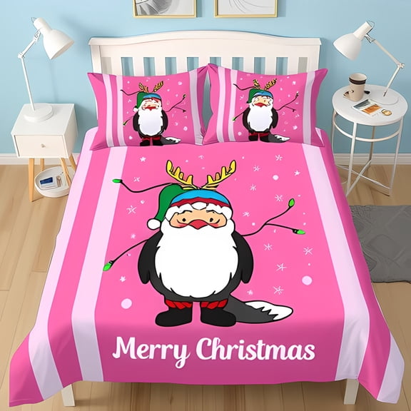 Festive 3-Piece Duvet Cover Set - Christmas Santa Claus & Reindeer Design with Snowflakes Pink & White Cozy Holiday Bedding