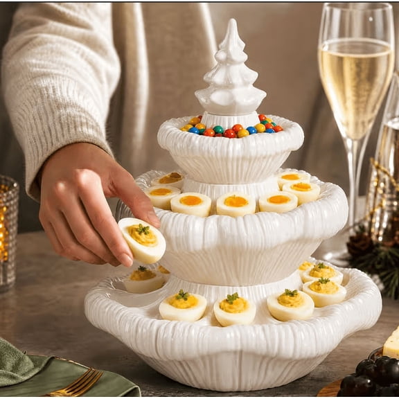 Festive 3-Tier Christmas Tree Serving Platter, Christmas Decor Deviled Egg Platter, Tiered Holiday Treat Tray for Eggs, Candies, Snacks, Christmas Party Table Decorations White