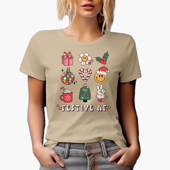 Festive AF, 90s Retro Christmas Art Merch Gift, Tan T-Shirt, Large