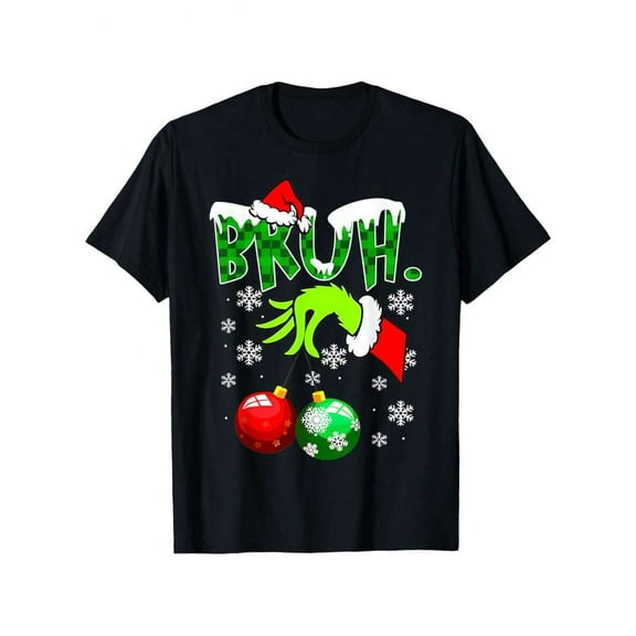 Festive 'BRUH.' Christmas Graphic Tee With Santa Hand Design   Comfortable Cotton Short Sleeve T Shirt For Holiday Parties   Black S 4XL