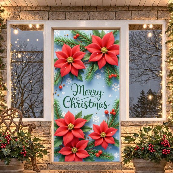 Festive Banner Merry Christmas Decorative Design Red Poinsettia Floral Holiday Decoration for Seasonal Celebration Indoor Venue Winter Party