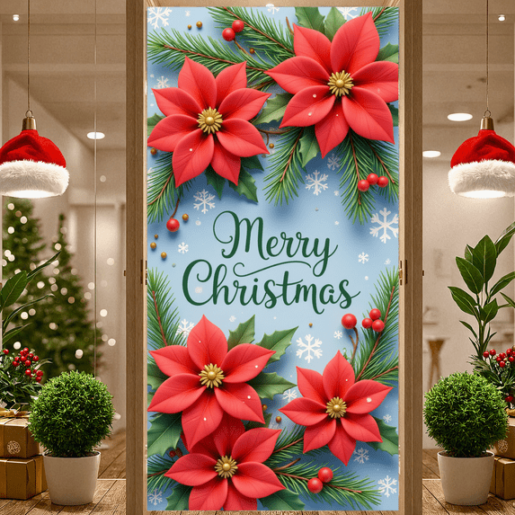 Festive Banner Merry Christmas Decorative Design Red Poinsettia Floral Holiday Decoration for Seasonal Celebration Indoor Venue Winter Party