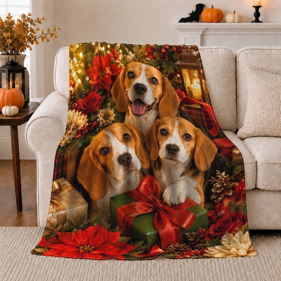 Festive Beagle Holiday Scene Box Poinsettias Christmas, Festive Pet Portrait Pattern, Warm Flannel Blanket for Living Room and Bedroom, Dog Lovers Just Because Gift, Pet Lover Home Decor