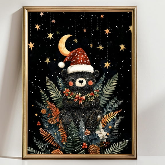 Festive Bear Wall Art Print, Cozy Kristmas Decor, Cute Animal Art, Nursery Home Decoration, Winter Vibes Warm Present Vintage UNFRAMED Poster Size 8x12