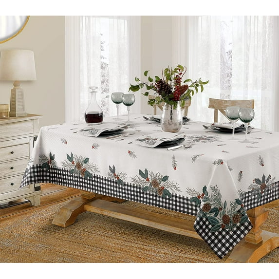 Festive Berry Black Plaid Country Rustic Bordered Christmas Tablecloth, Cottage Check and Holly Bordered Xmas and Holiday Print Easy Care Fabric Tablecloth, 60 Inch x 120 Inch Oblong/Rectangle