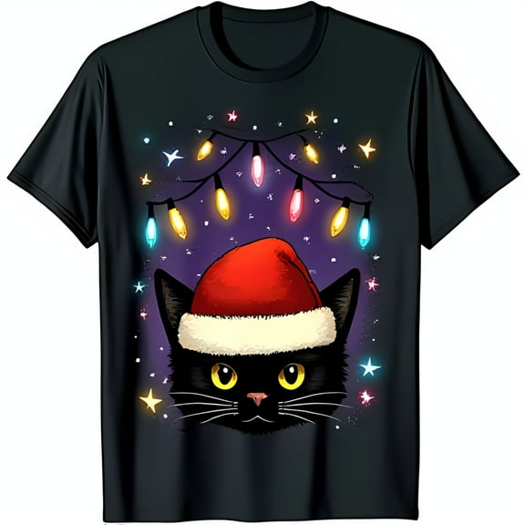 Festive Black Cat Christmas T-Shirt Santa Hat Christmas Lights & Snowflakes