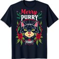 thumbnail image 1 of Festive Black Cat Graphic T-Shirt with 'Merry Purry' Design Soft, 1 of 5