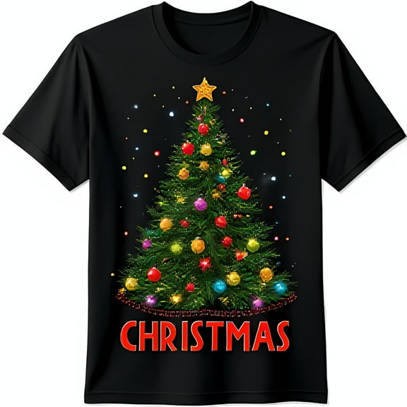 Festive Black Christmas T-Shirt with Colorful Tree Graphic & Bold CHRISTMAS Print