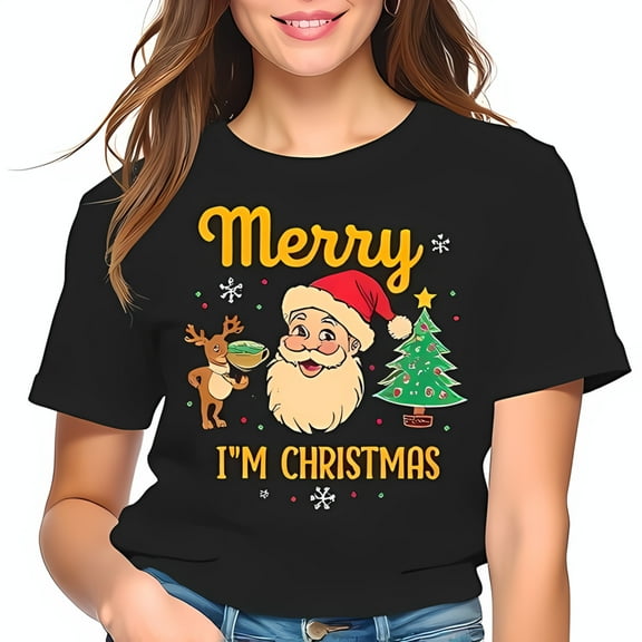 Festive Black Cotton Short Sleeve T-Shirt with Cheerful Santa Reindeer Christmas Tree & Gold " Merry * I'm Christmas " Design