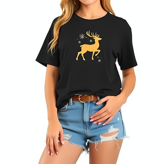 Festive Black Cotton Short Sleeve T-Shirt with Gold Reindeer & Snowflake Design - Casual Holiday Style
