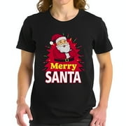 YIDUO Festive Black Cotton Short Sleeve T-Shirt with Jolly Santa Claus Design and Colorful Holiday Lights - " Merry SANTA " Graphic Tee