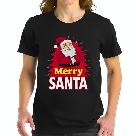 Festive Black Cotton Short Sleeve T-Shirt with Jolly Santa Claus Design and Colorful Holiday Lights - " Merry SANTA " Graphic Tee