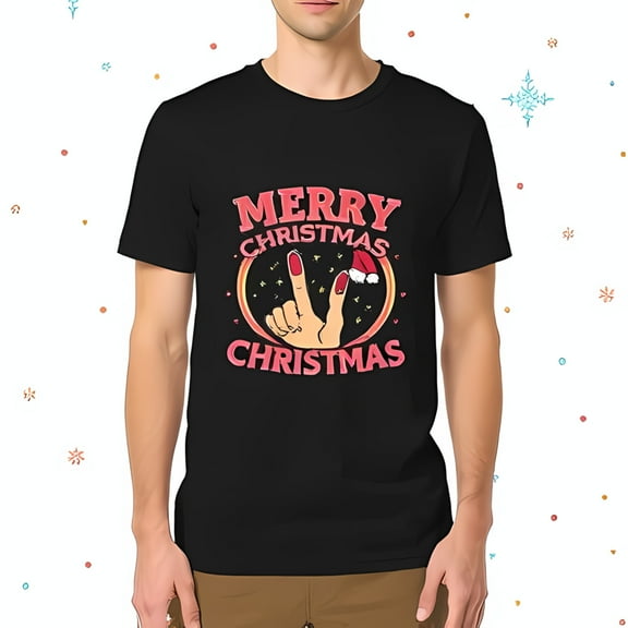 Festive Black Cotton Short Sleeve T-Shirt with Peace Sign Hand Gesture & Santa Hat - Merry Christmas Design