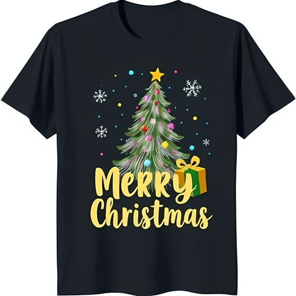 Festive Black Neck T-Shirt with Colorful Christmas Tree Graphic