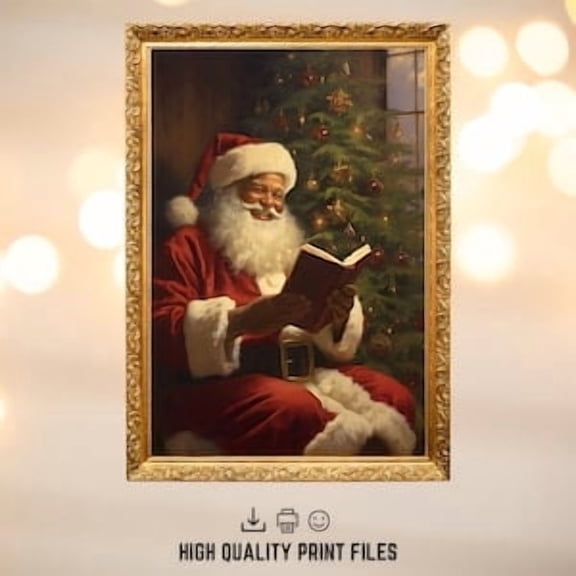 Festive Black Santa Reading Wall Art Vintage African American UNFRAMED PAPER POSTER