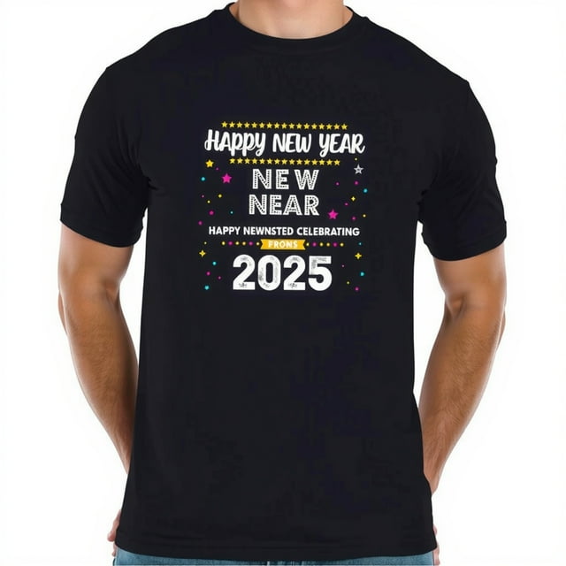 Festive Black ShortSleeve TShirt for New Year's Celebration "Happy