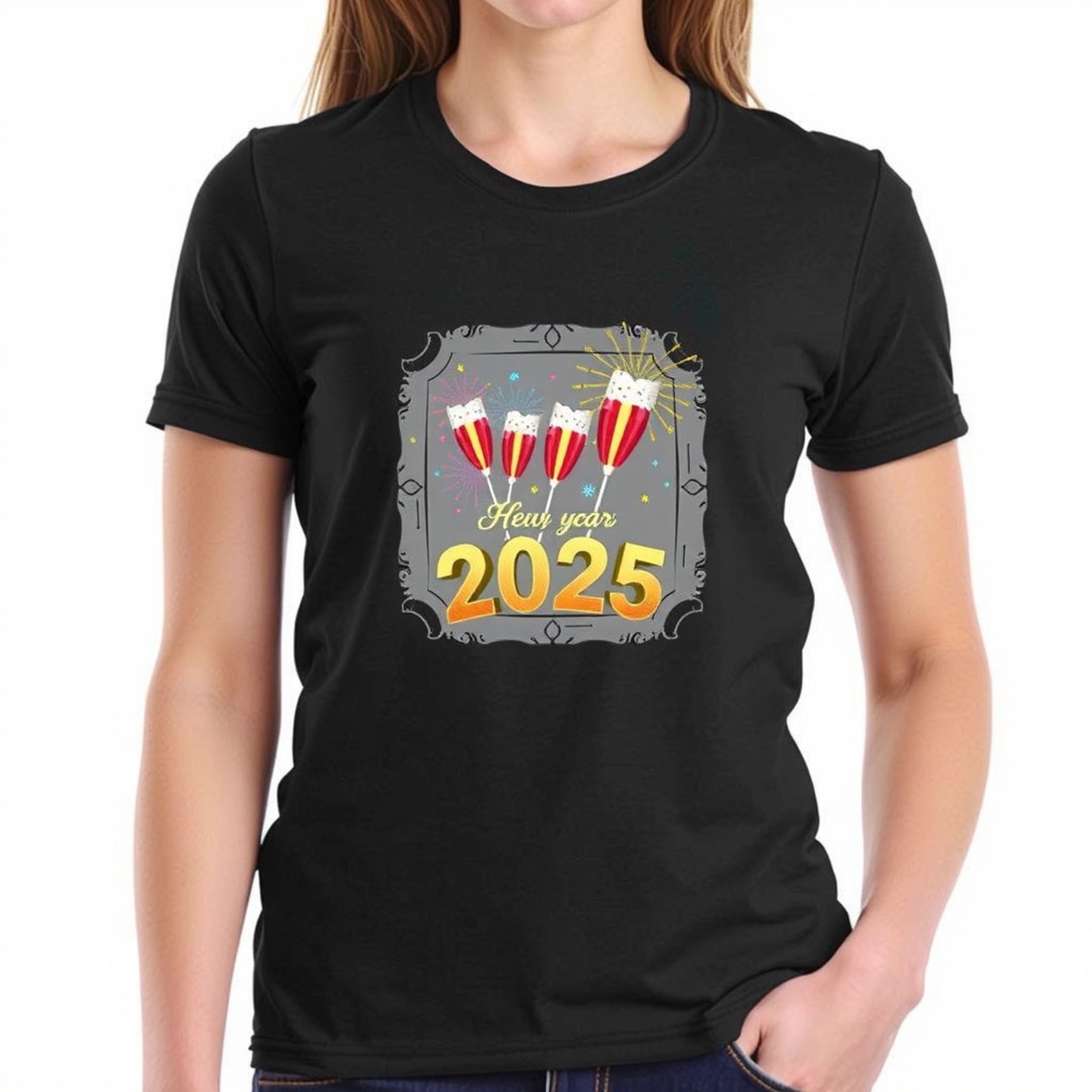 Festive Black TShirt for New Year 2025 Champagne Flutes & Design