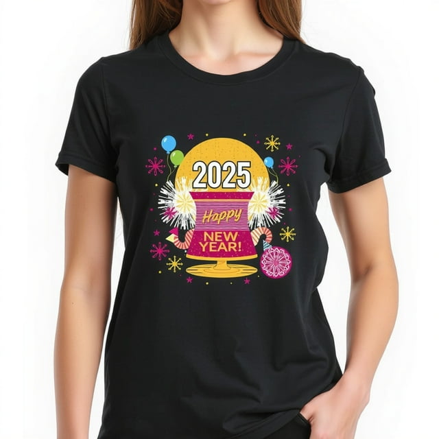Festive Black TShirt for New Year 2025 Vibrant Magenta Party Hat