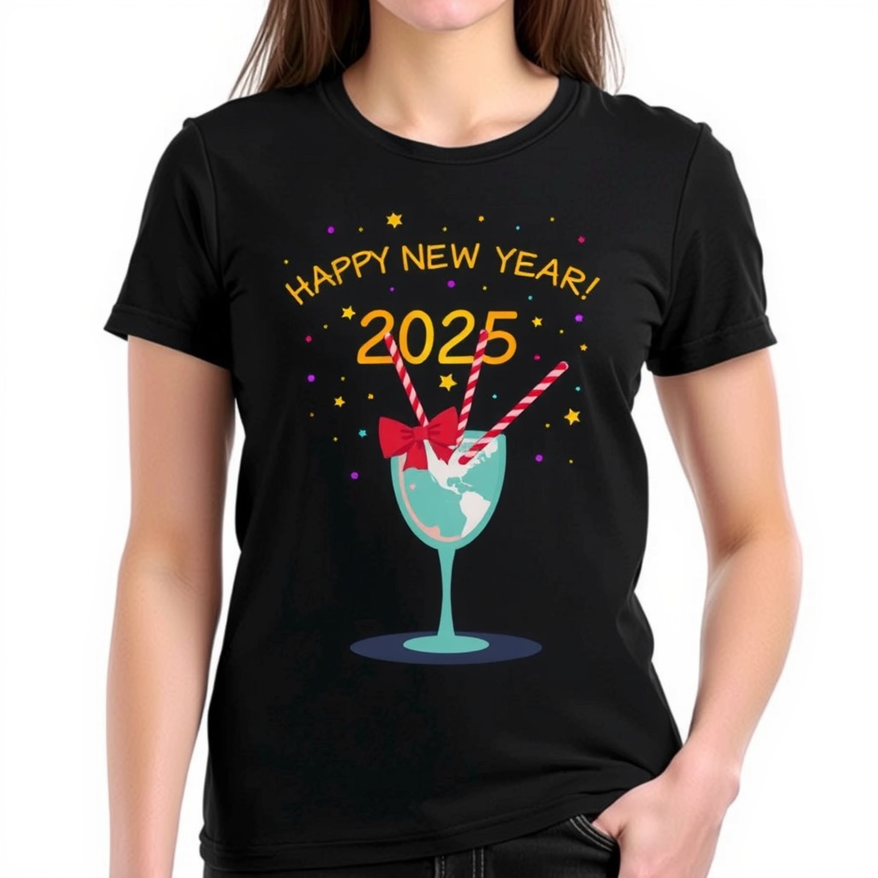 Festive Black TShirt for New Year 2025 Whimsical Cocktail Glass