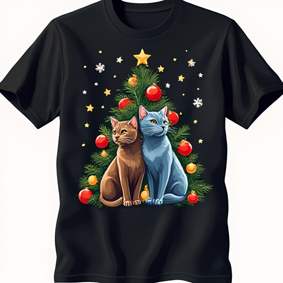 Festive Black T-Shirt with Adorable Christmas Tree & Cats Graphic