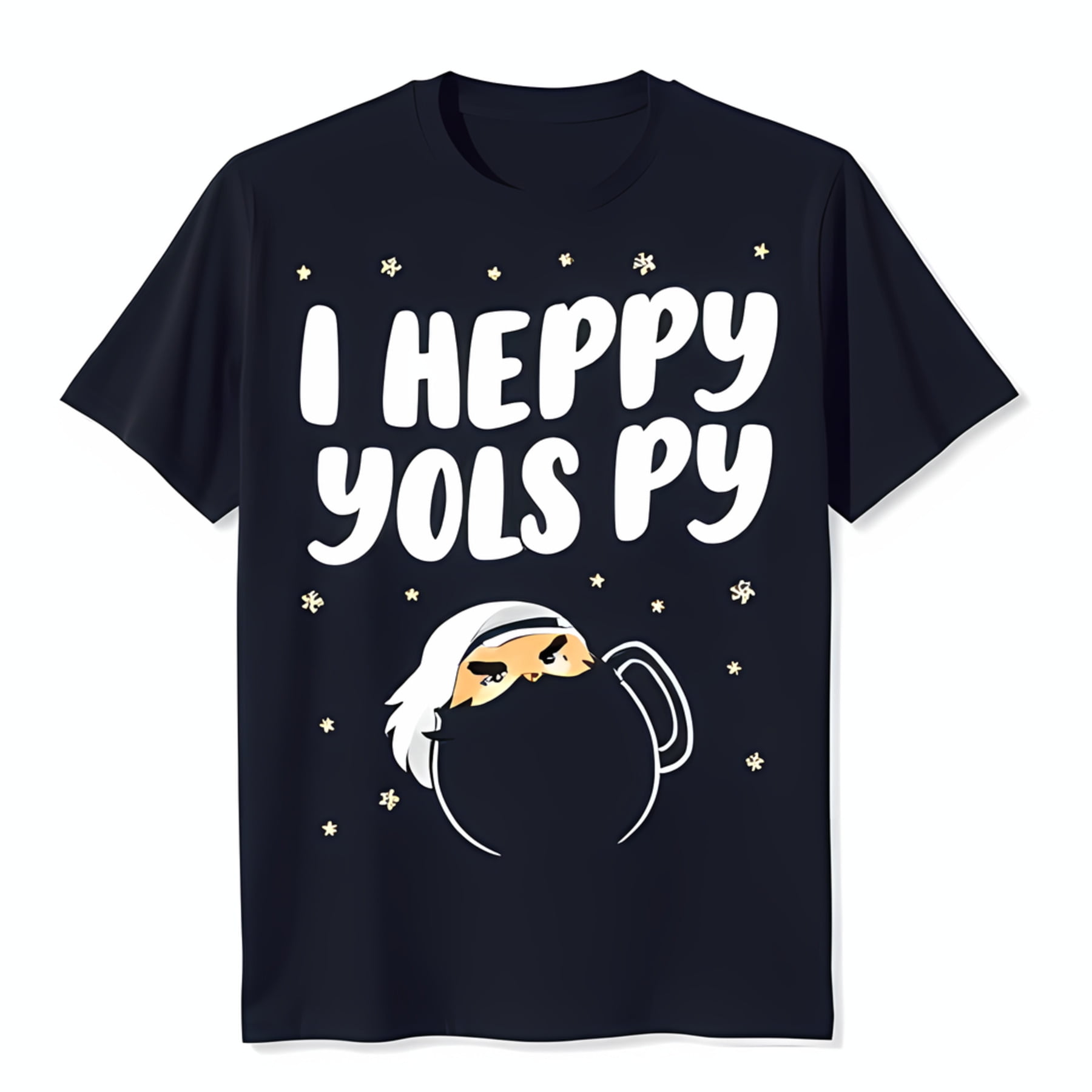 Festive Black TShirt with Bold Santa Graphic and Playful 'I Heppy Yols Py' Text