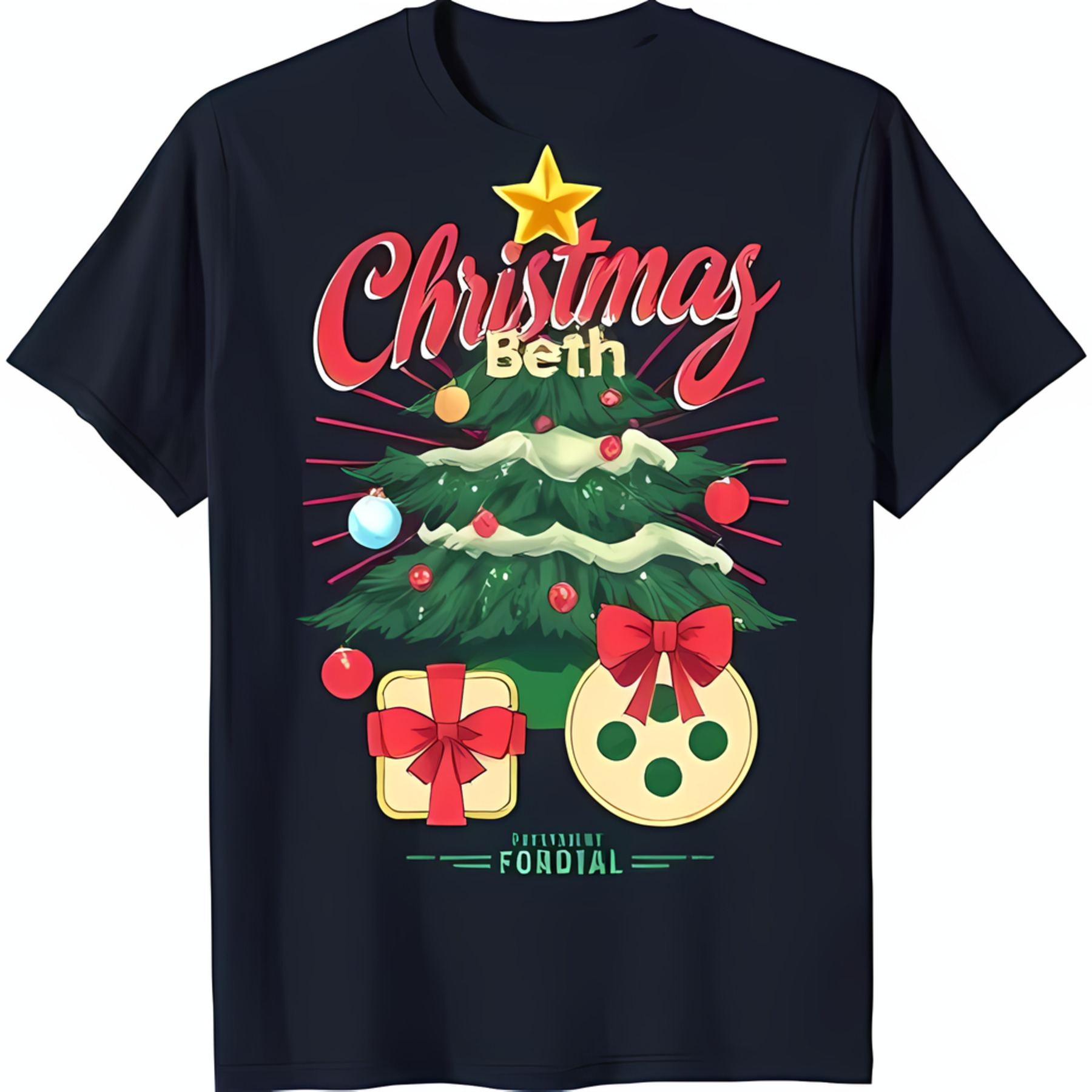 Festive Black TShirt with Cartoon Christmas Tree Presents & Cookies