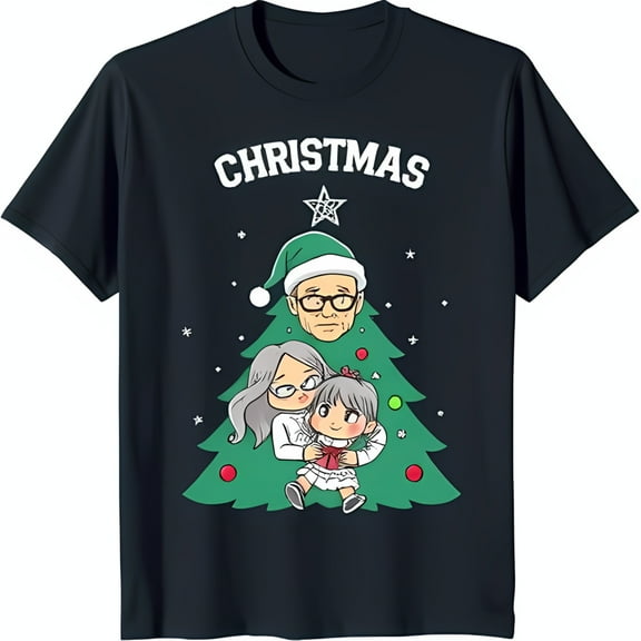 Festive Black T-Shirt with Cartoon Family & Green Christmas Tree Graphic