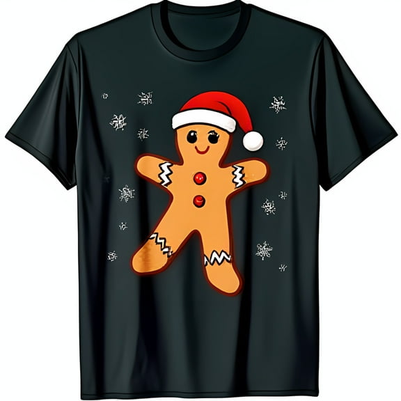 Festive Black T-Shirt with Cartoon Gingerbread Man & Snowflakes Design