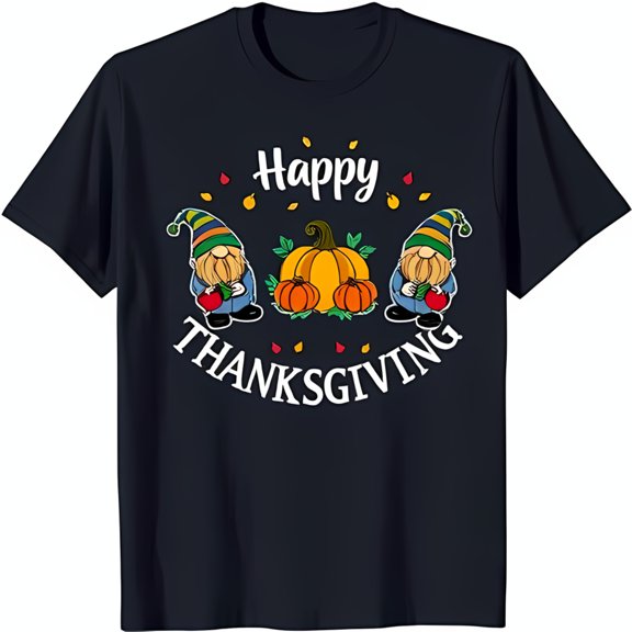 Festive Black T-Shirt with Cartoon & Pumpkins Happy Thanksgiving Graphic