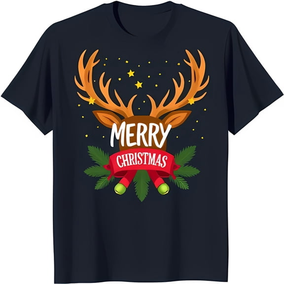 Festive Black T-Shirt with Cartoon Reindeer & 'Merry Christmas' Graphic