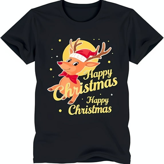 Festive Black T-Shirt with Cartoon Reindeer Santa Hat & Gold Text
