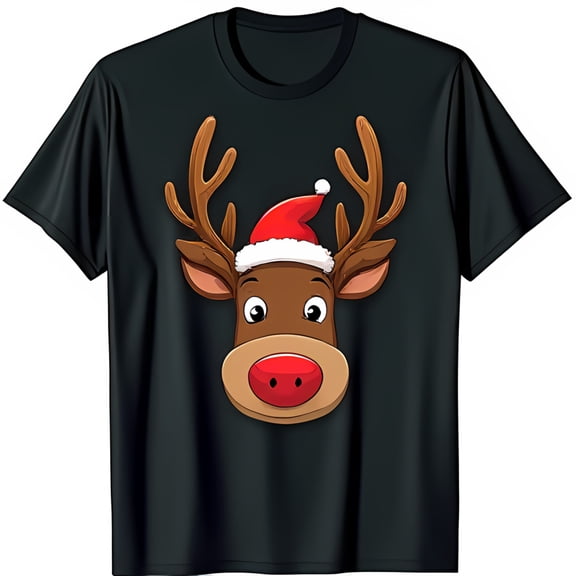 Festive Black T-Shirt with Cartoon Reindeer in Santa Hat Cute Holiday Graphic