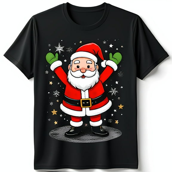Festive Black T-Shirt with Cartoon Santa Claus Snowflakes & Gold Stars