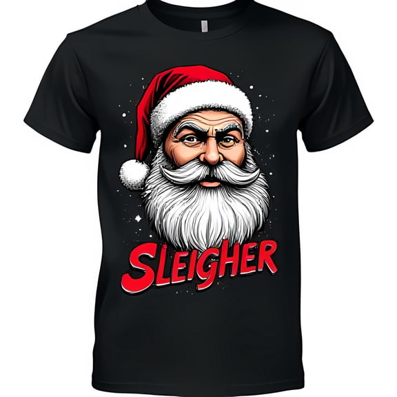 Festive Black T-Shirt with Cartoon Santa & 'SLEIGHER' Graphic Holiday Cheer