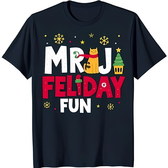Festive Black T-Shirt with Cat in Santa Hat & Christmas Tree 'MRJ FELIDAY FUN' Design